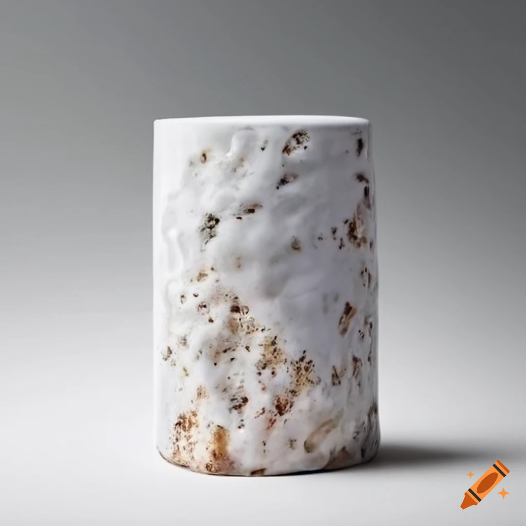 White porcelain cylinder with sharp rock crystal crust on a white background