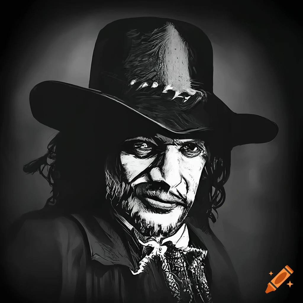 Waylon Jennings depicted as a wild west outlaw in black and white
