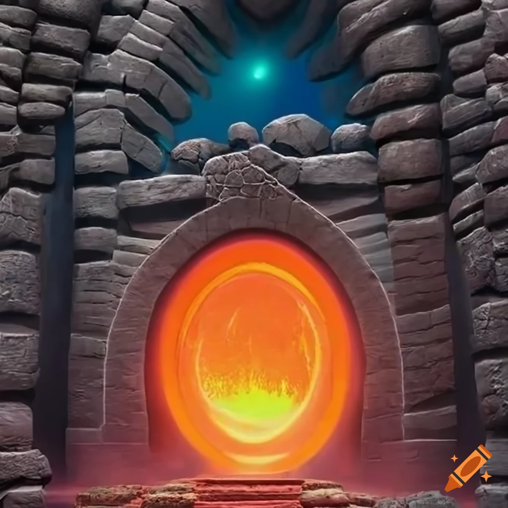 Glowing swirling portal in front of ancient stone wall