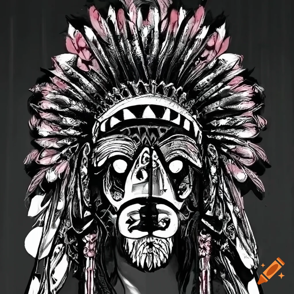 Traditional indigenous symbol of bow and arrow with vibrant headdress motifs