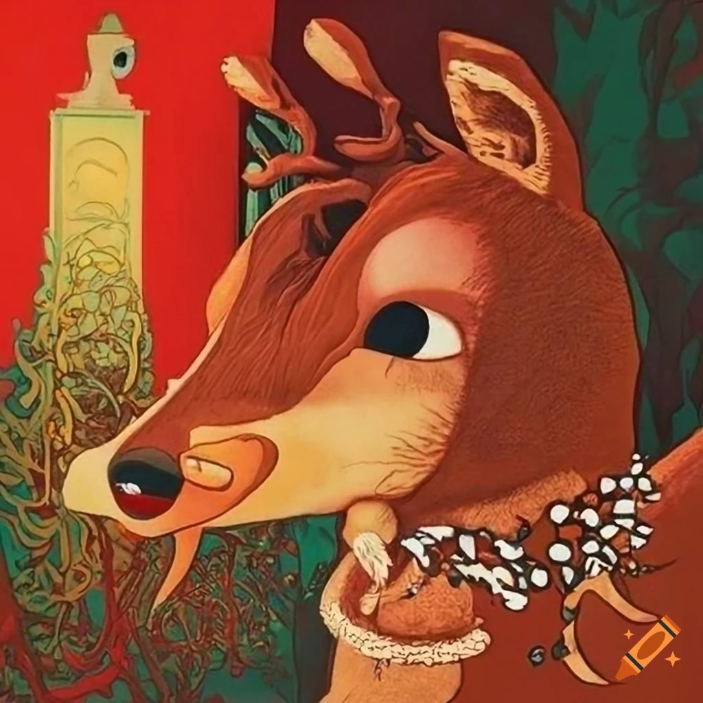 Travel poster inspired by Rudolph the Red Nosed Reindeer with styles of various artists