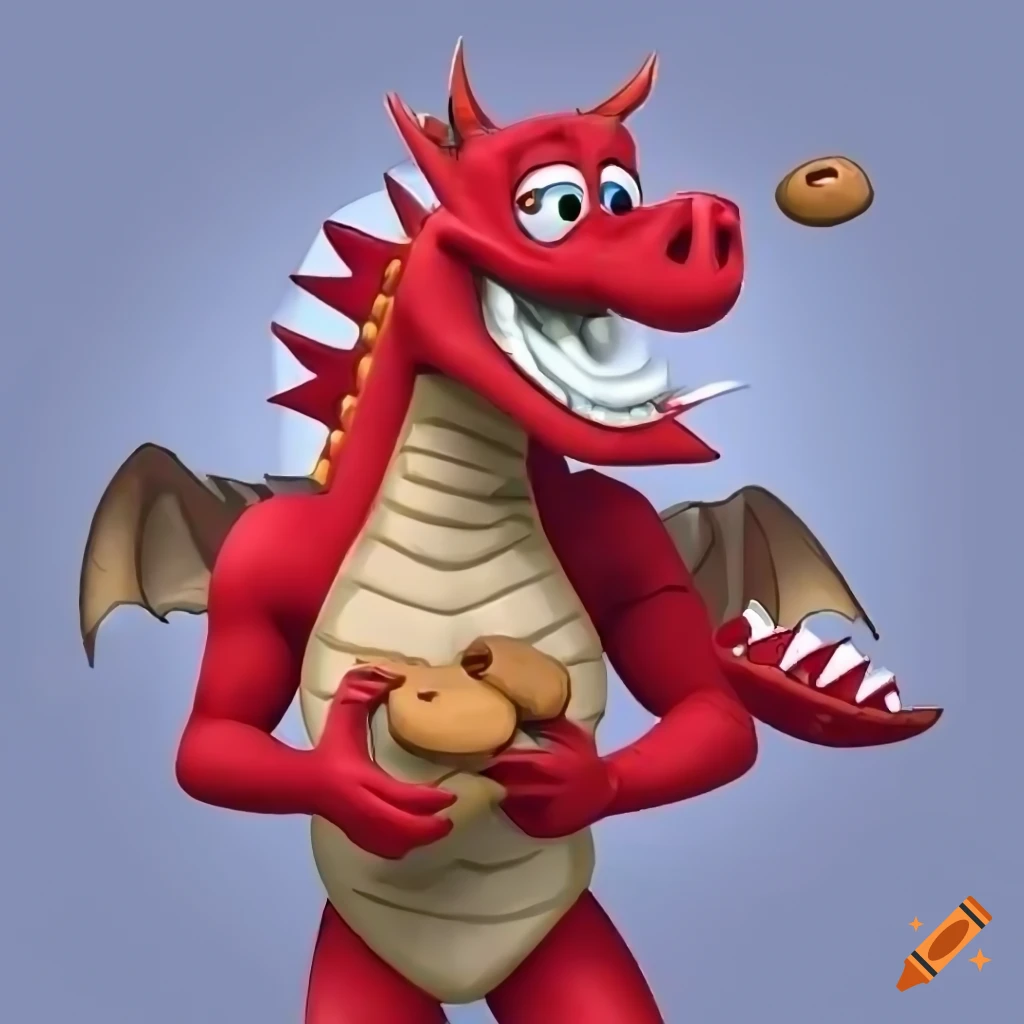 Friendly red dragon holding cookies with 'Tooters' text in playful font