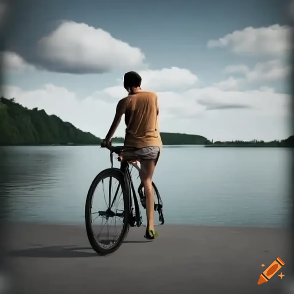 Villagers going on an outing on a summer day with a man riding bicycle to the lake