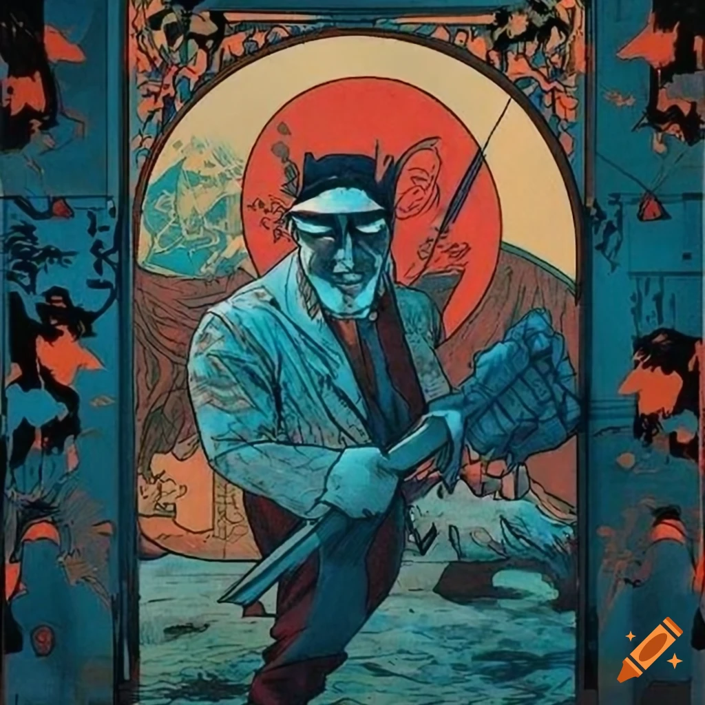 Lumberjack Villain in homage to Zatoichi with artistic blend from Gurney, Escher, Rockwell, Mucha, and Thaulow