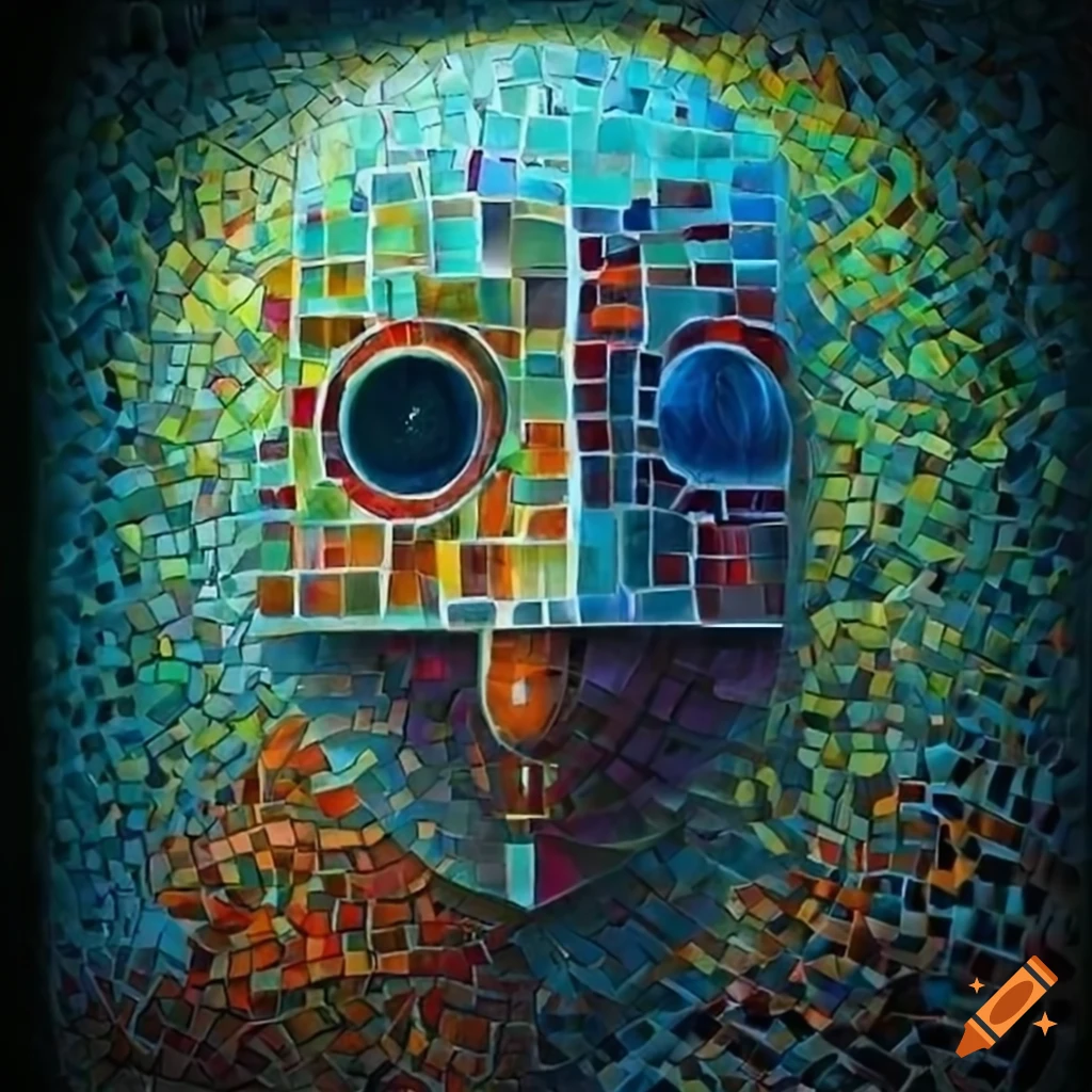 Colorful mosaic artwork inspired by Zdzisław Beksiński's style in a zoomed-out landscape view