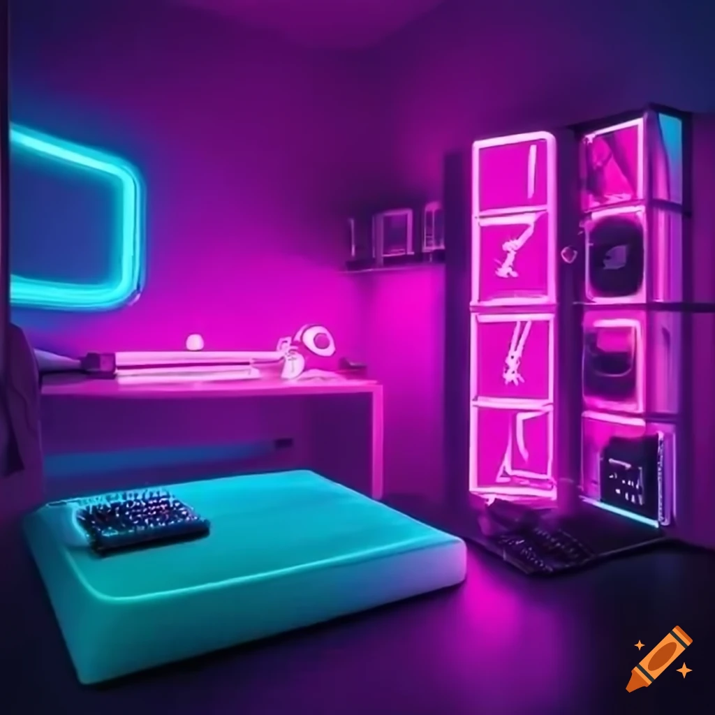 Pink bedroom with neon lights and gaming setup