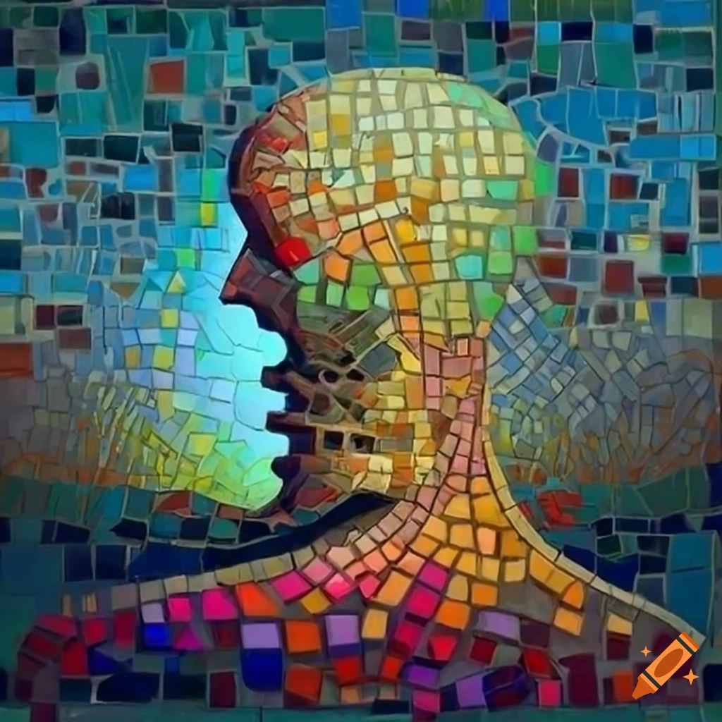 Colorful mosaic artwork inspired by Zdzisław Beksiński's style in a zoomed-out landscape view
