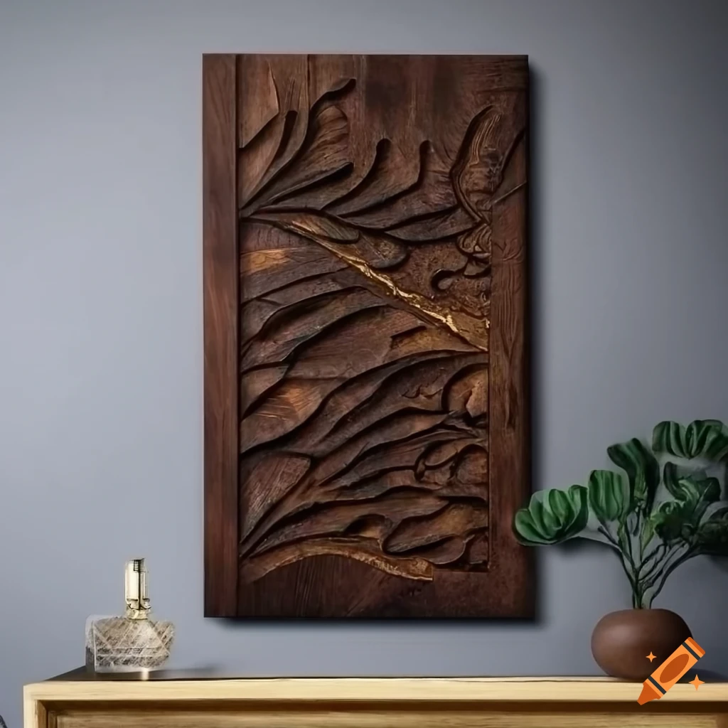 Black walnut wall art with gold leaf and intricate carvings on Craiyon