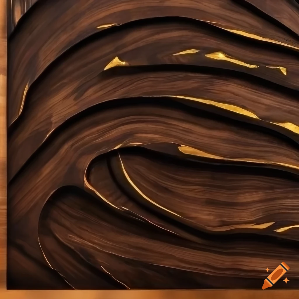 Black walnut wall art with gold leaf and intricate carvings on Craiyon