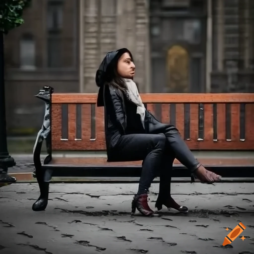 Woman sitting on a bench in rainy London