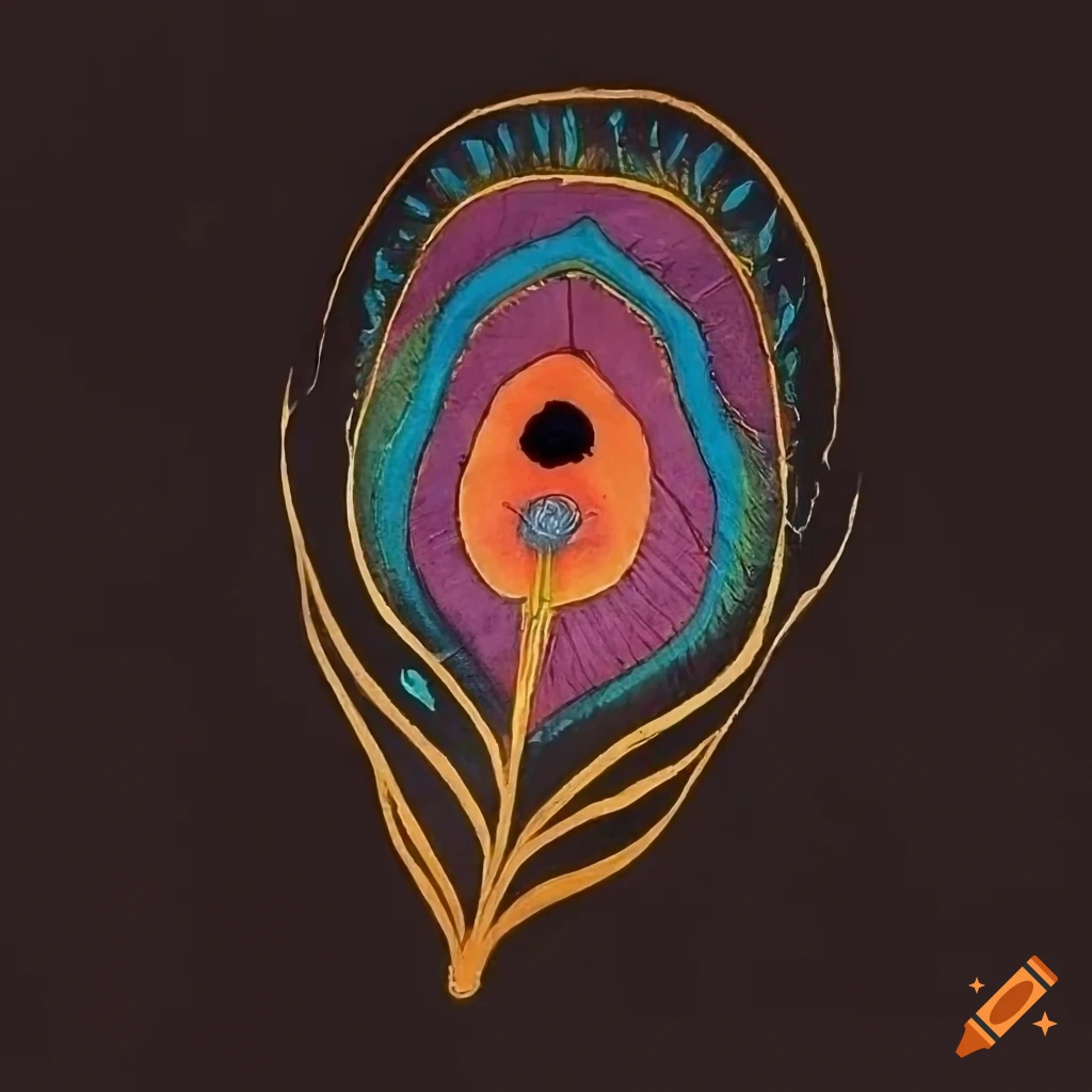 Psychedelic minimal ink painting of an ethereal peacock feather in tantric style