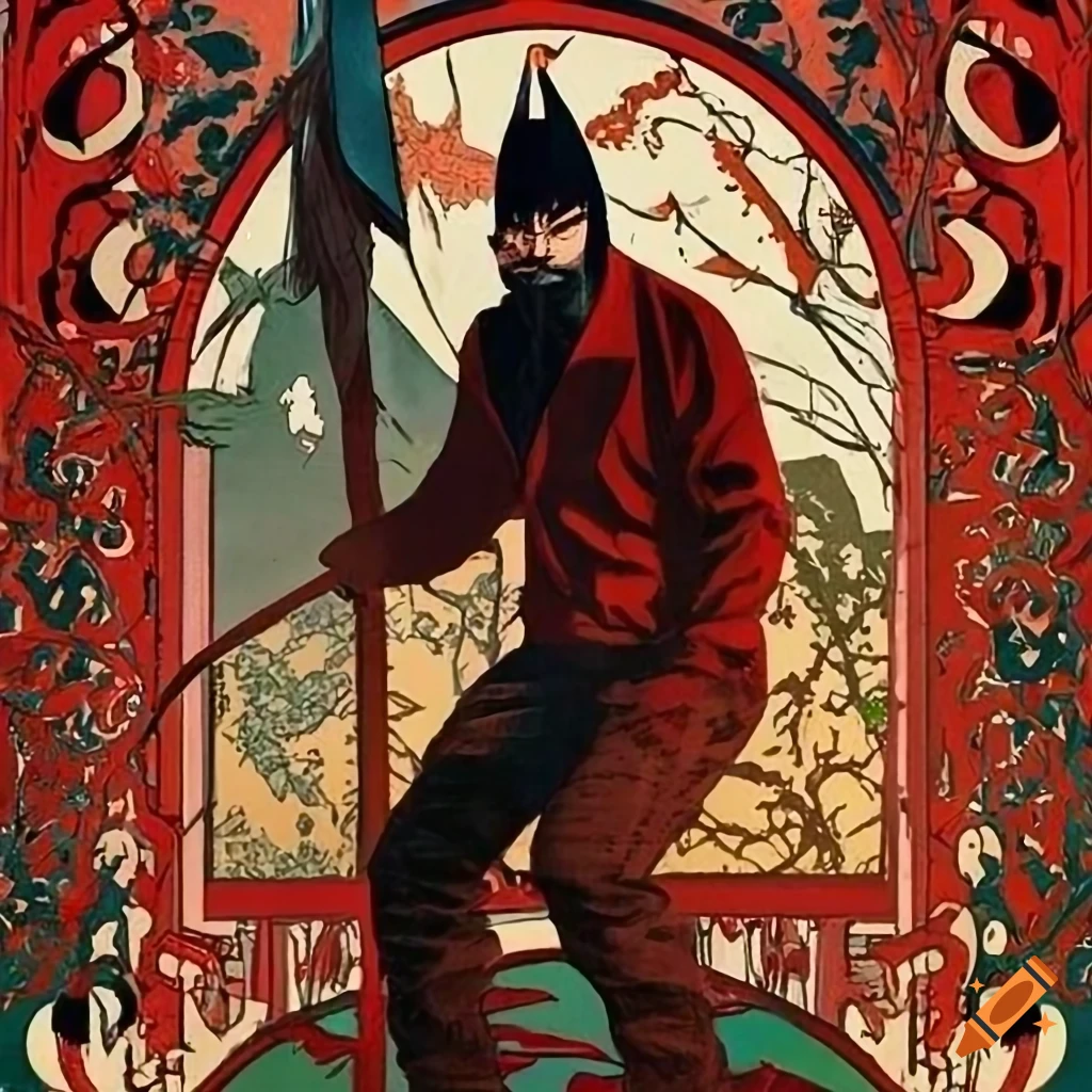 Lumberjack Villain in homage to Zatoichi with artistic blend from Gurney, Escher, Rockwell, Mucha, and Thaulow