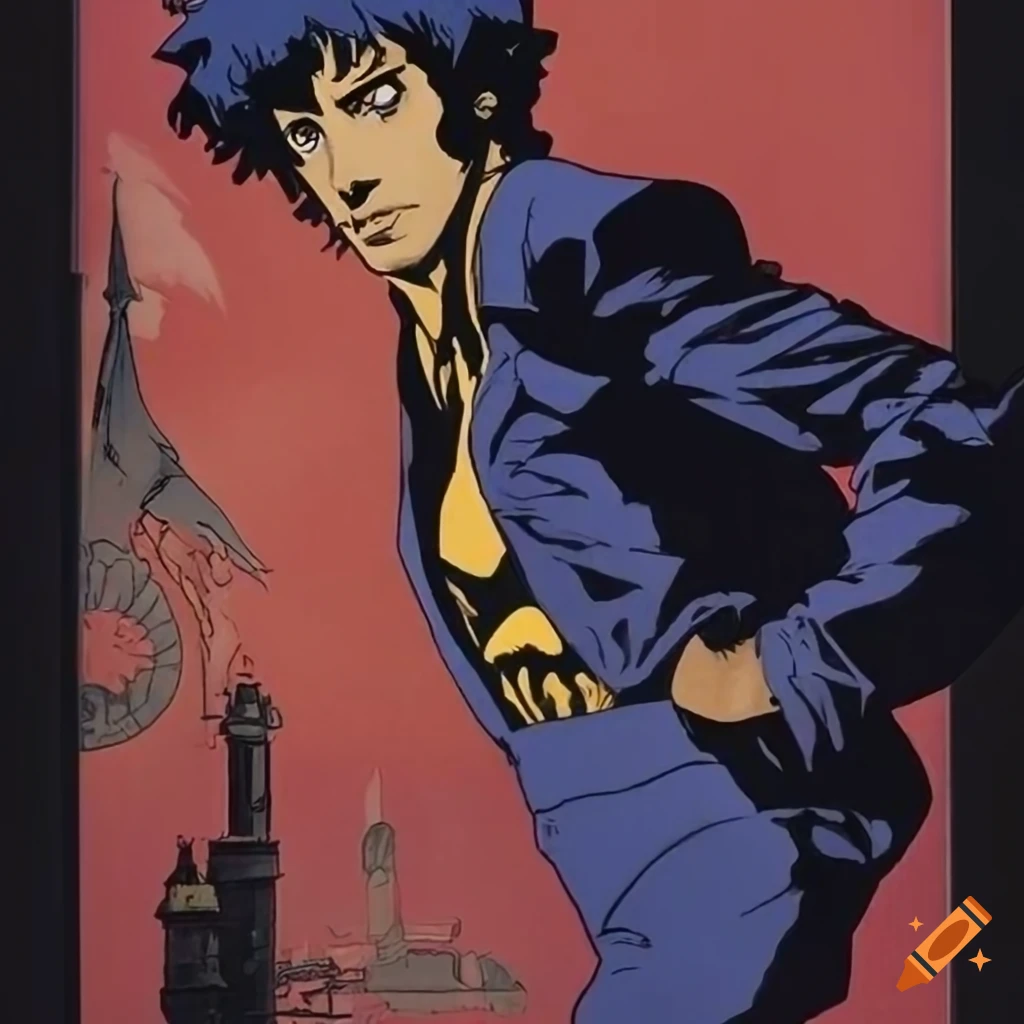 Villain from Batman in a travel poster homage to Cowboy Bebop with a blend of artist styles