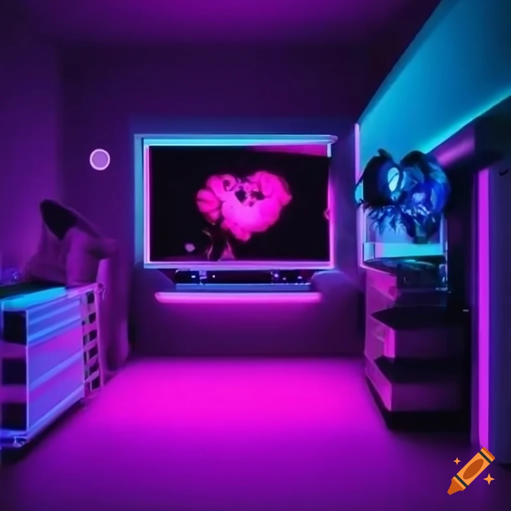 Pink bedroom with neon lights and gaming setup