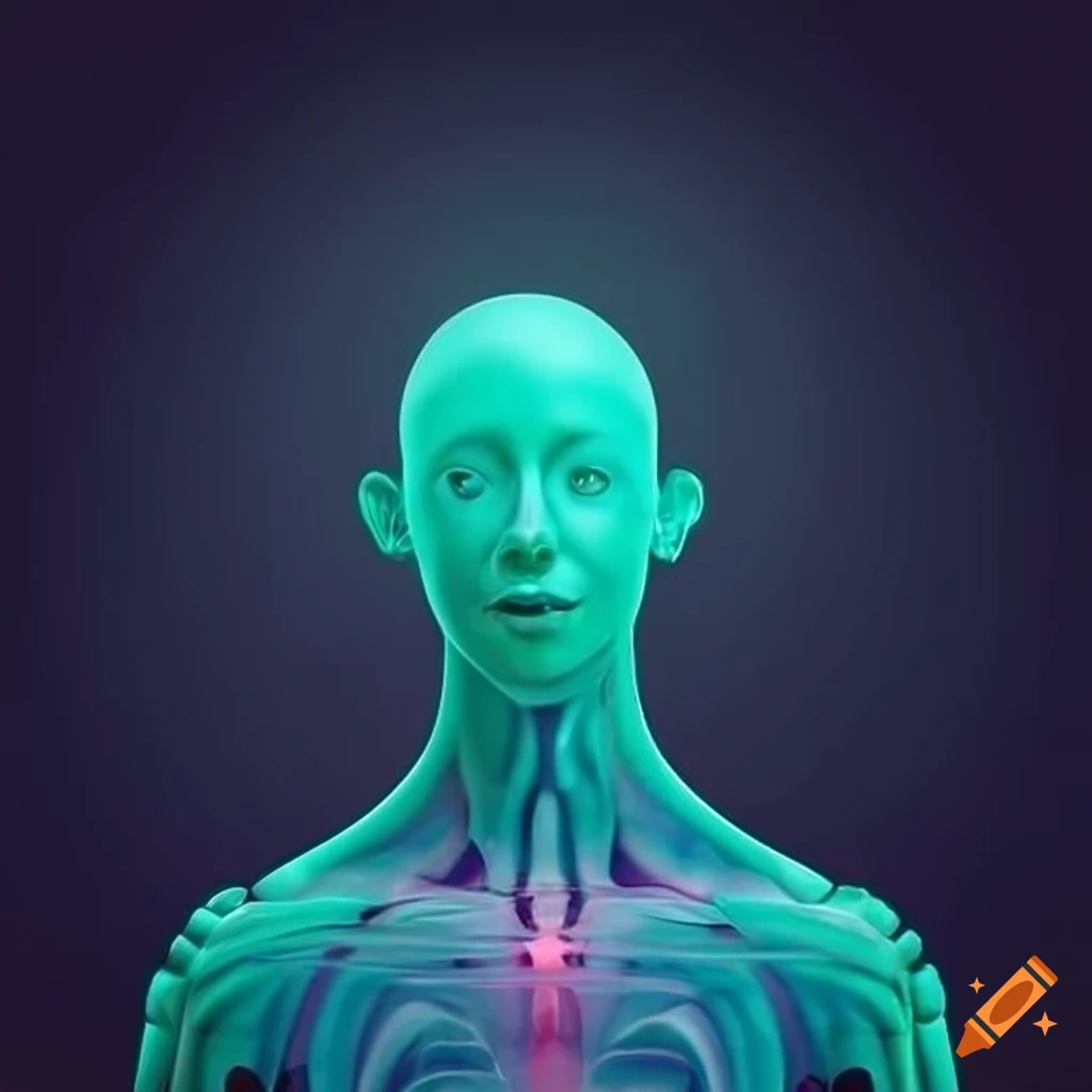 Whimsical figure inside a transparent human body in a 3D illustration