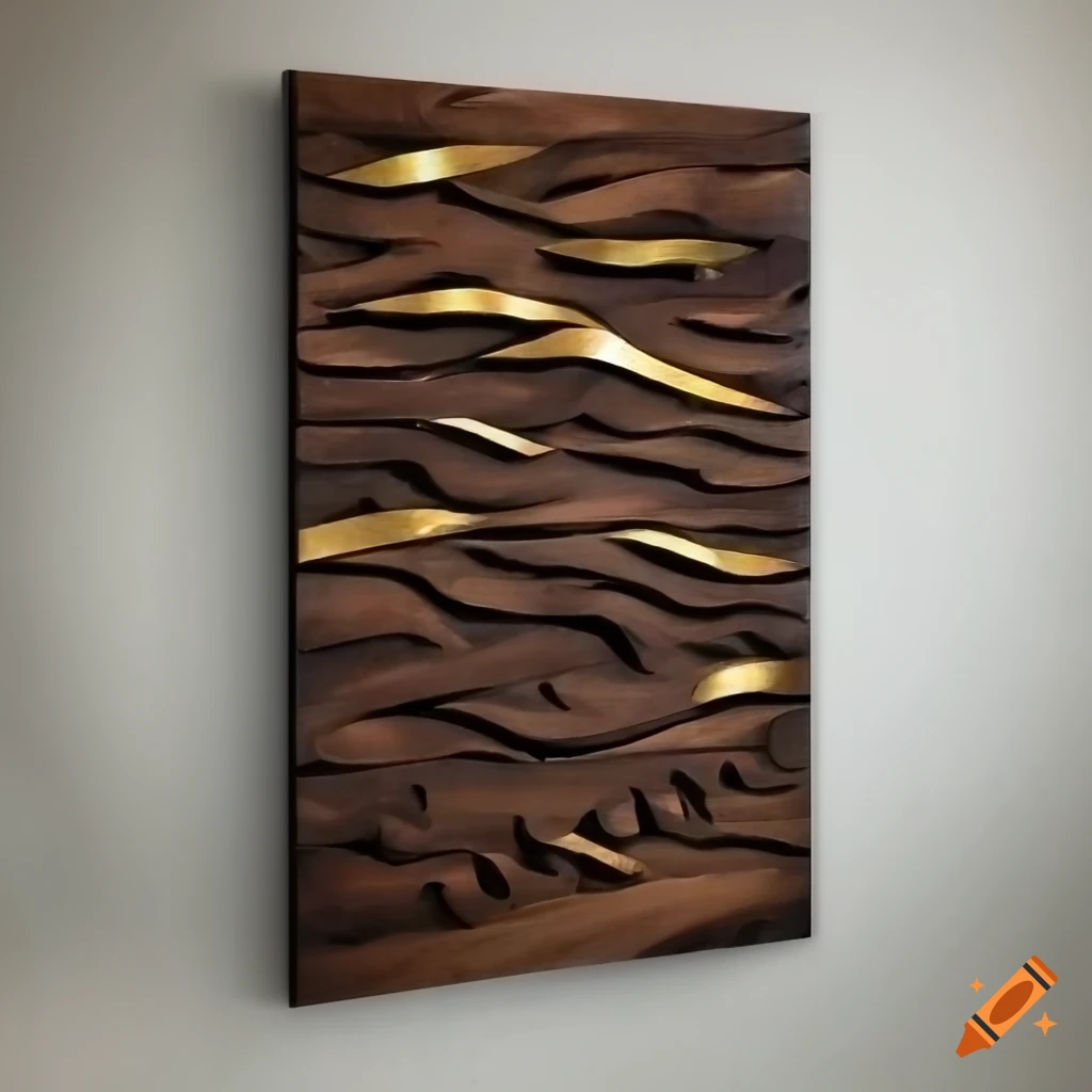 Black walnut wall art with gold leaf and intricate carvings on Craiyon