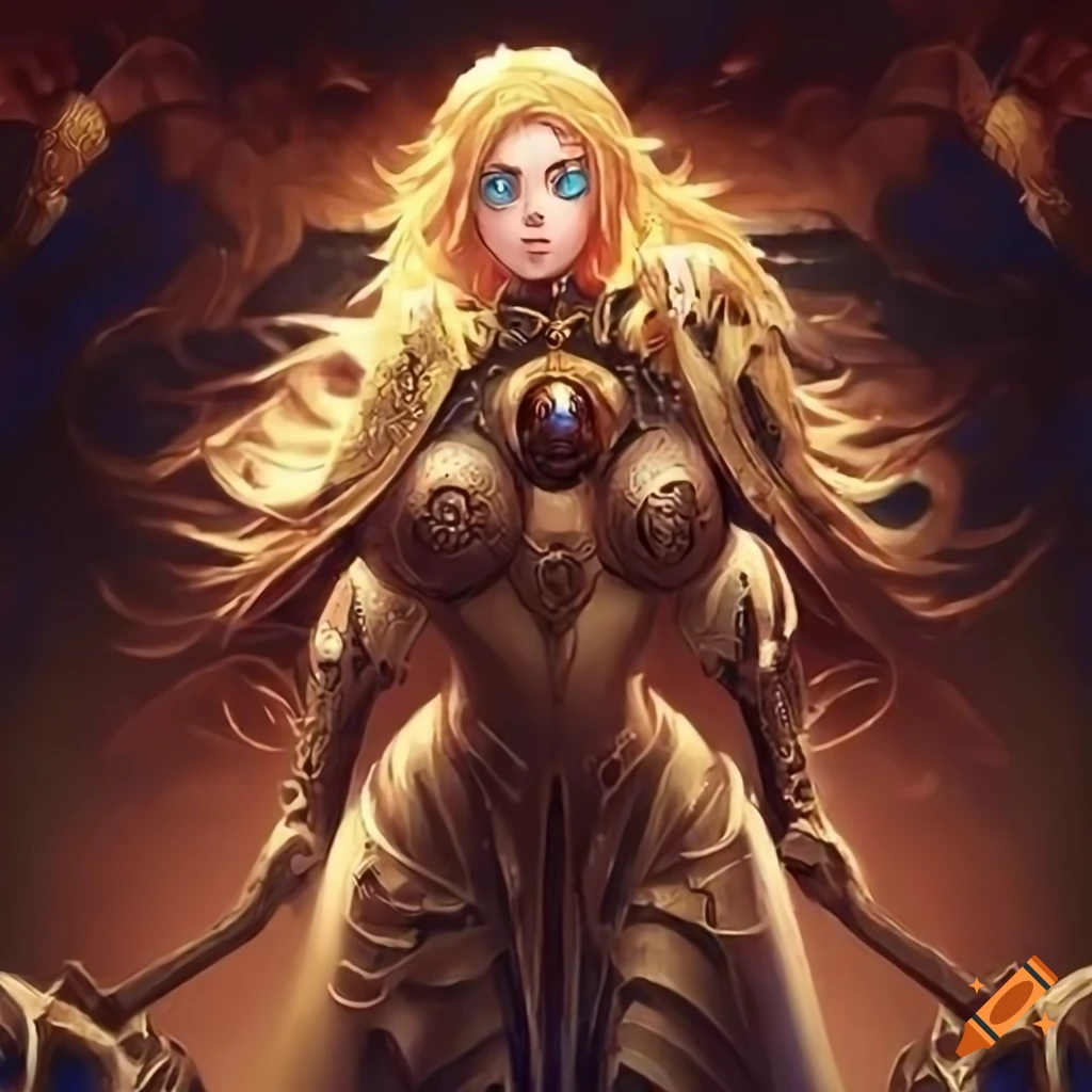 Anime character in fantasy armor with benefic aura in a cathedral setting