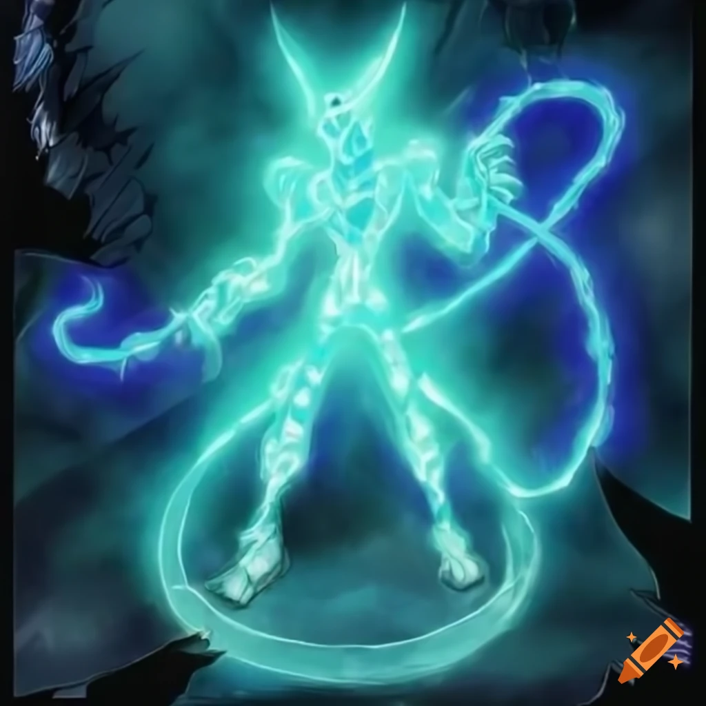 Yugioh card art of towering spectral figure with multiple glowing eyes and tendrils