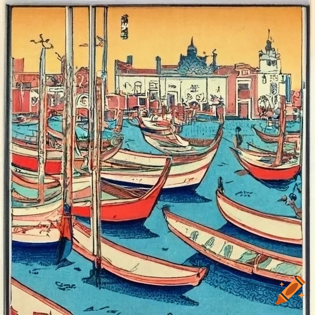 Ukiyo-e style depiction of Venice with fishing boats