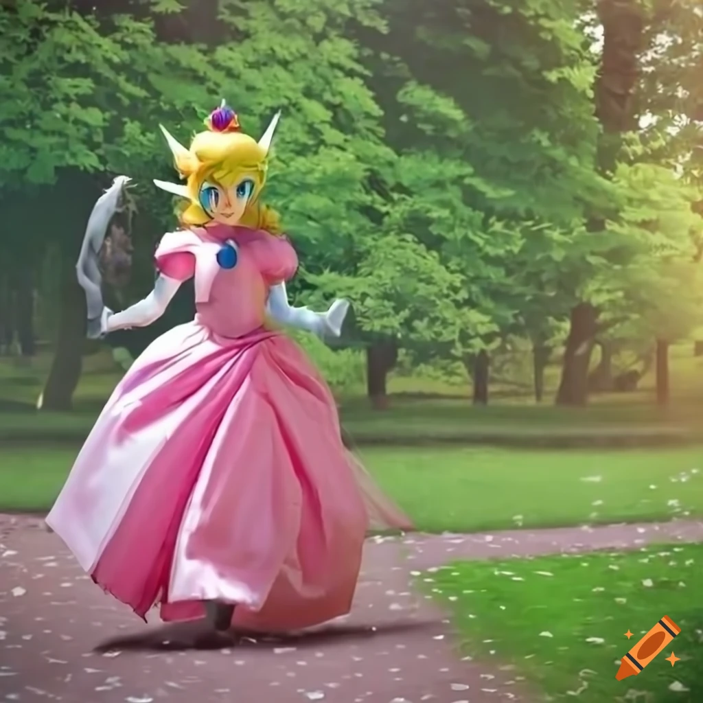 link-as-princess-peach-in-a-pink-silk-ballgown-running-in-a-garden-on