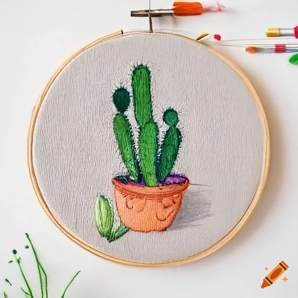Embroidery needle creating a cactus design with a single line art