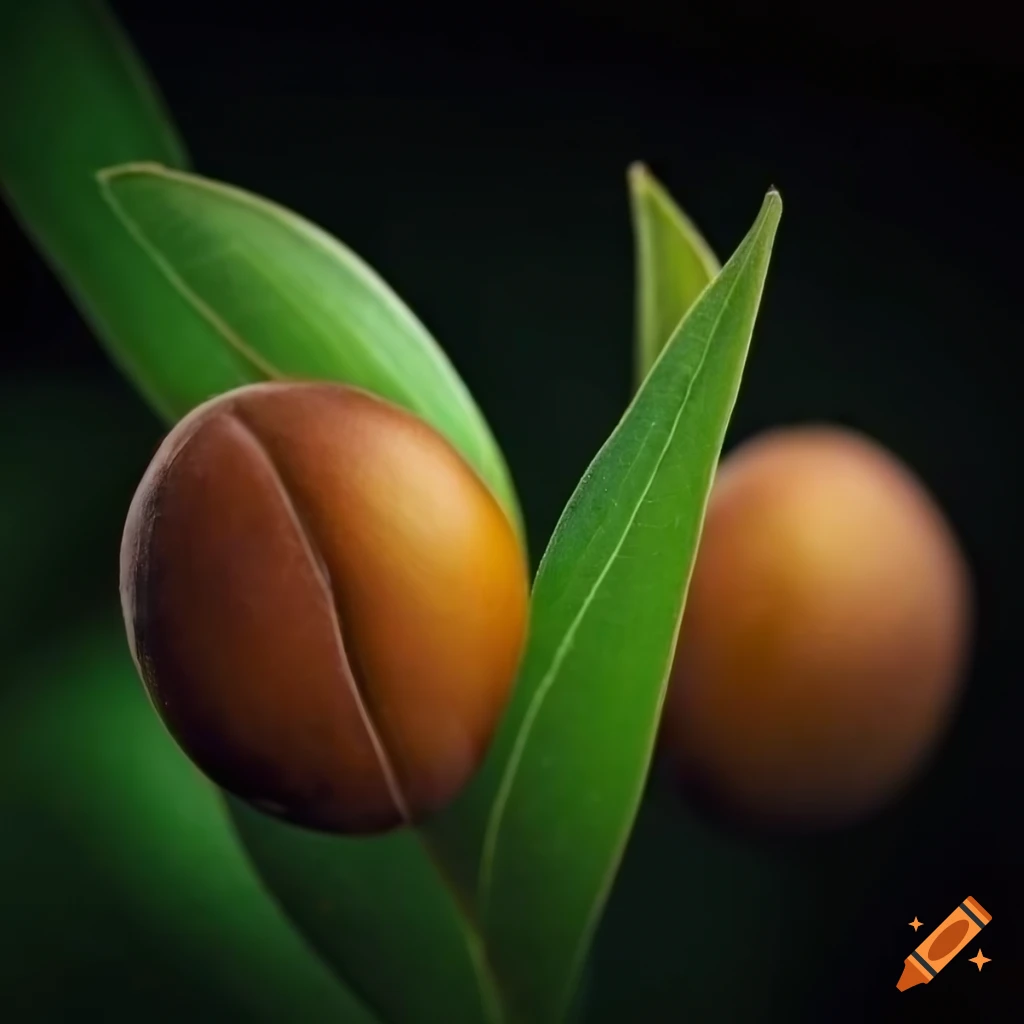 Organic jojoba oil plant with detailed close-ups of nuts and leaves