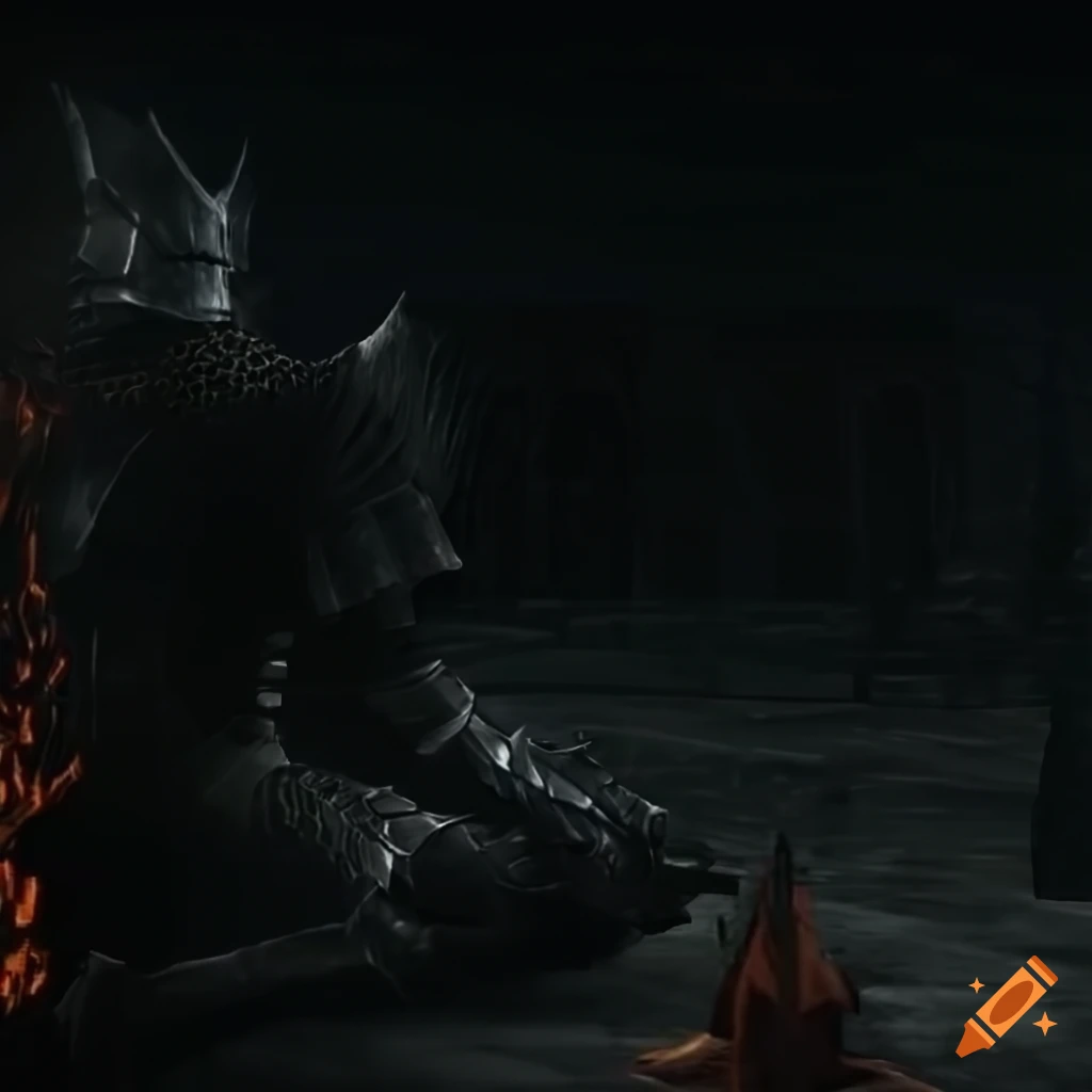 Knight in black armor sitting by a bonfire in a dark, atmospheric setting