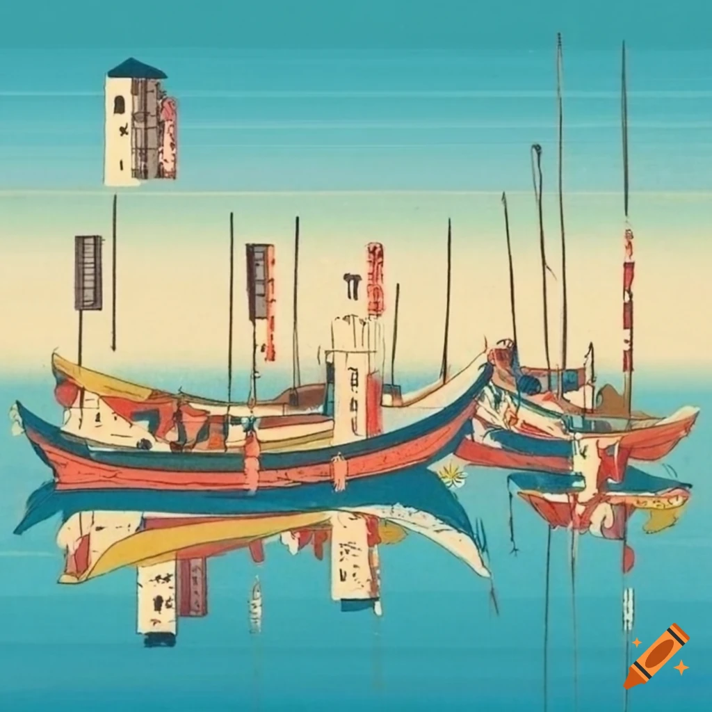 Ukiyo-e style artwork featuring fishing boats in the Venetian lagoon