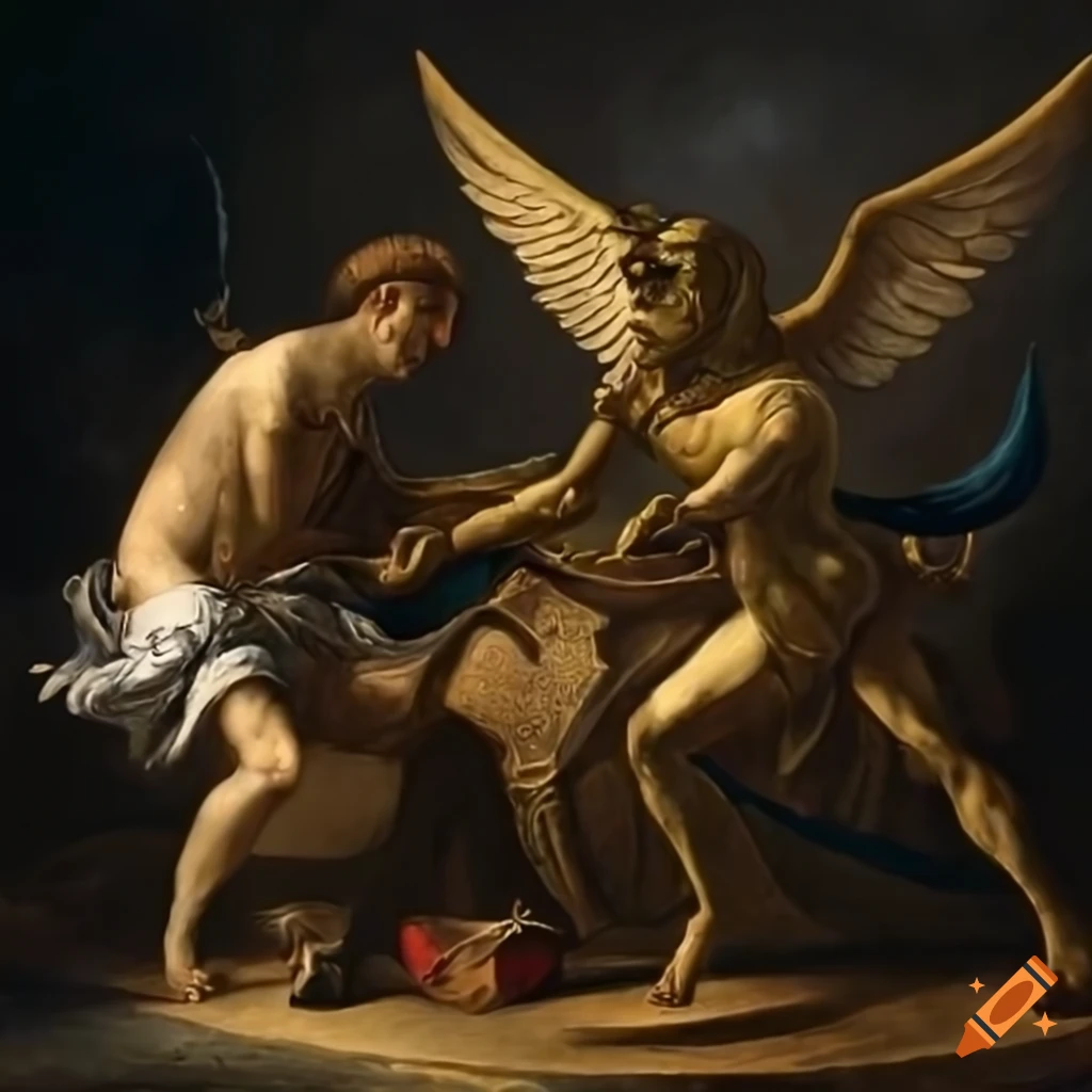 Detailed battle scene between goblin and angels in ancient renaissance art