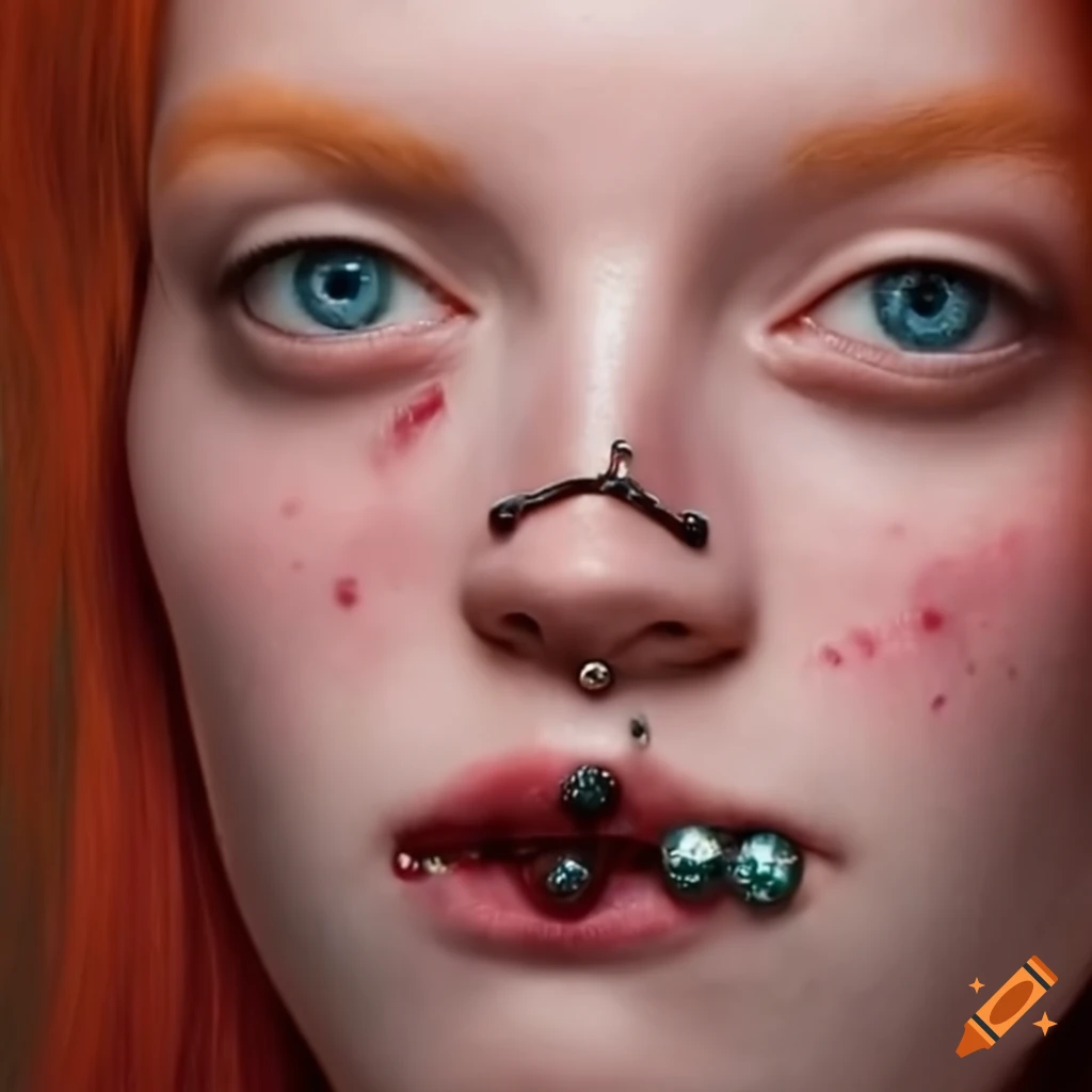 Woman with nose piercing, red hair, and scar on mouth