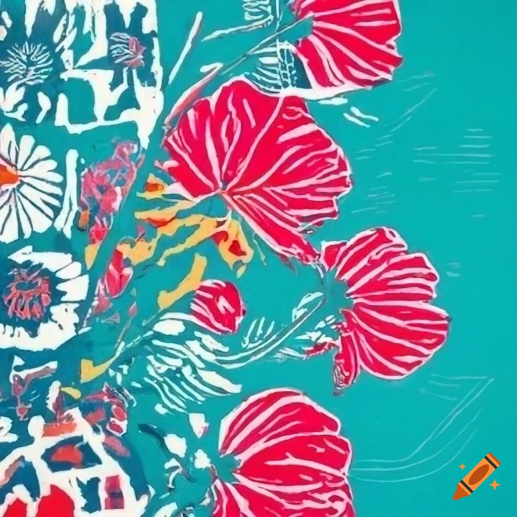 Vibrant linocut print with floral background and newspaper elements