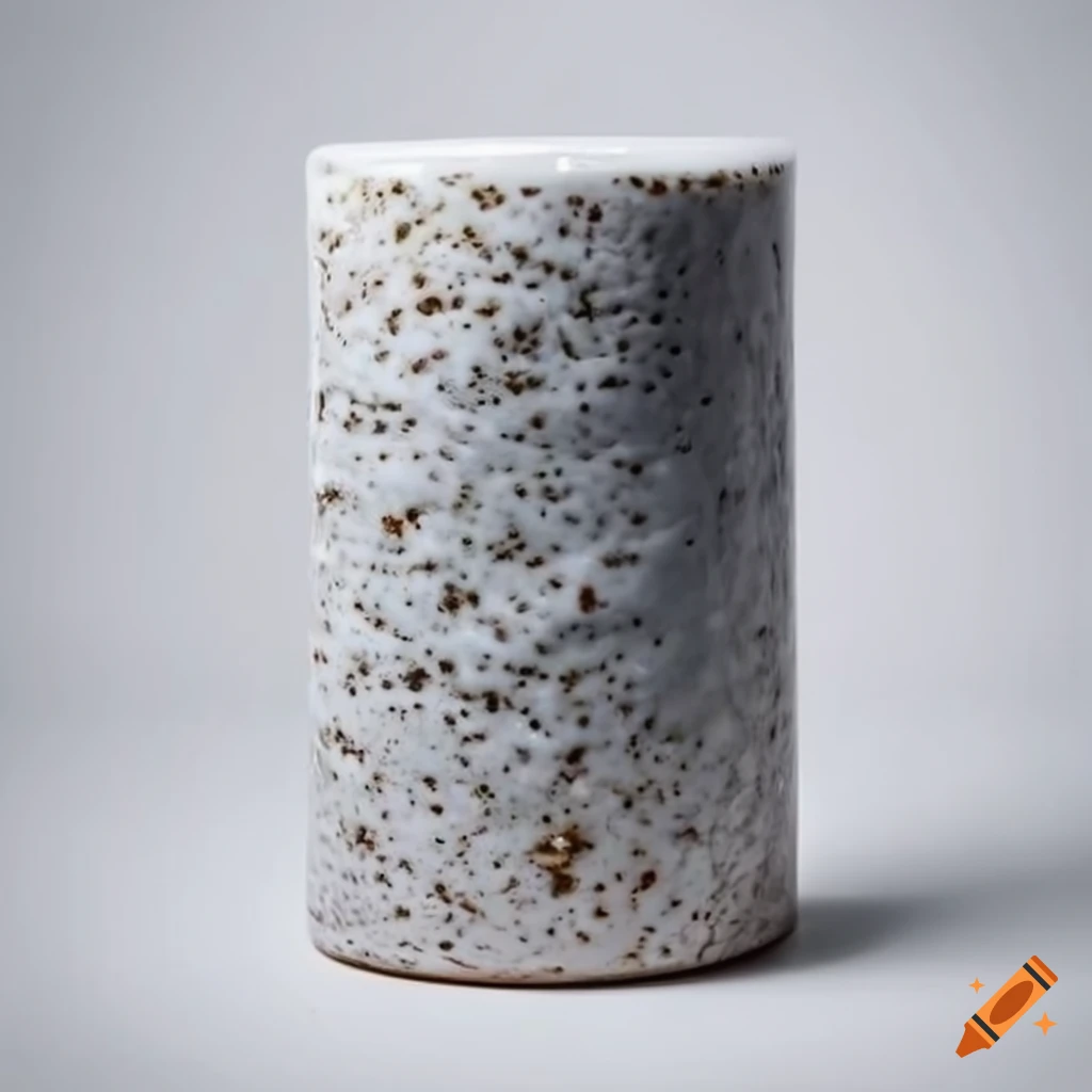 White porcelain cylinder with sharp rock crystal crust on white background