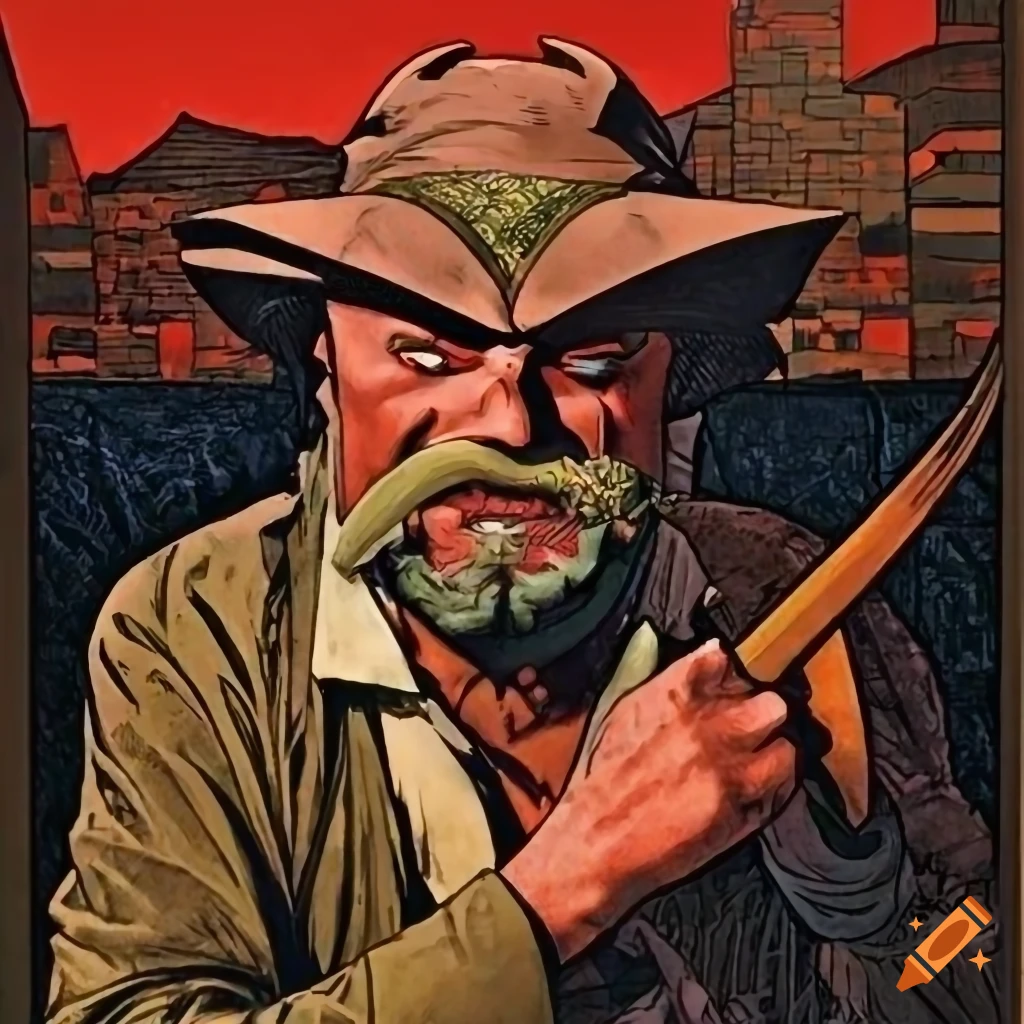 Lumberjack Villain from Batman travel poster homage to Zatoichi in unique art style blend