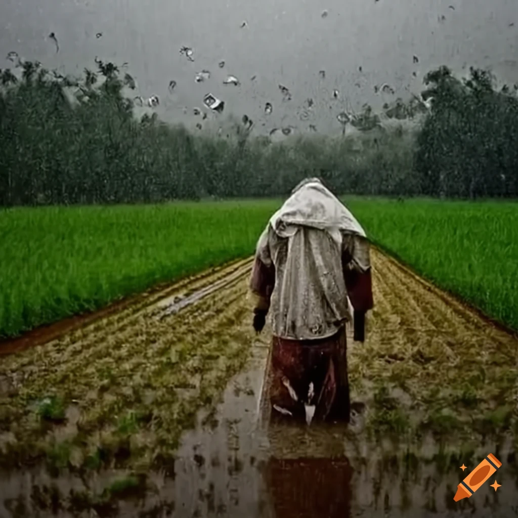 Farmers While Raining Determined farmer in rain-soaked field with heavy raindrops on Craiyon