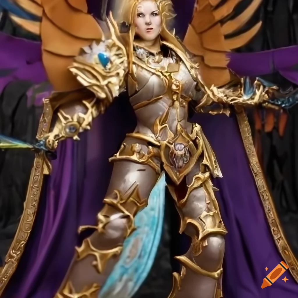 Anime character in fantasy armor flying under a cathedral themed golden temple, Warhammer 40K inspired