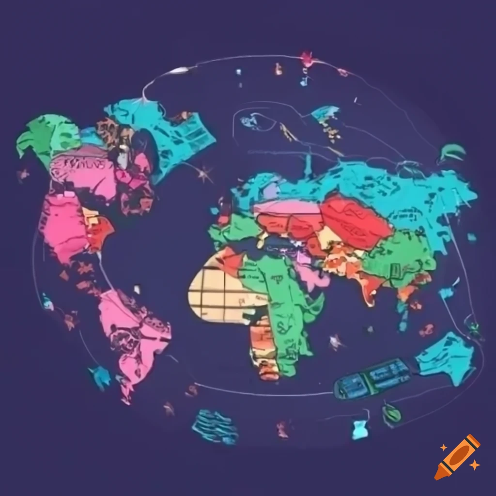 World map with markers indicating cities and travel-themed illustrations like suitcases and planes