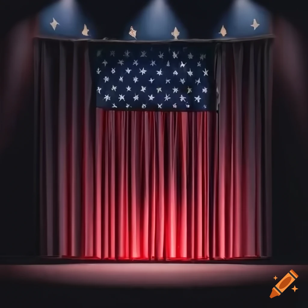 Ghost light on an empty theatre stage with American flag in the background