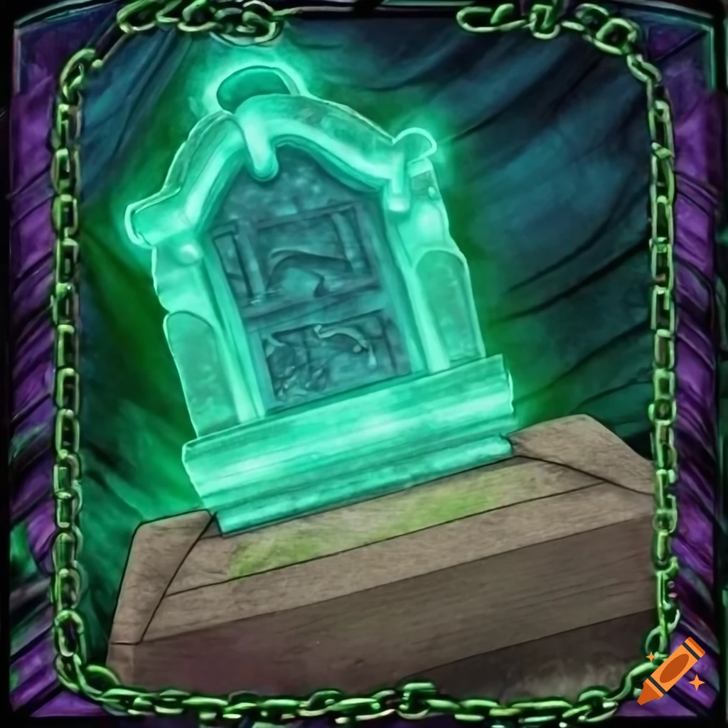 Glowing green chains wrapped around a tombstone in Yugioh card art