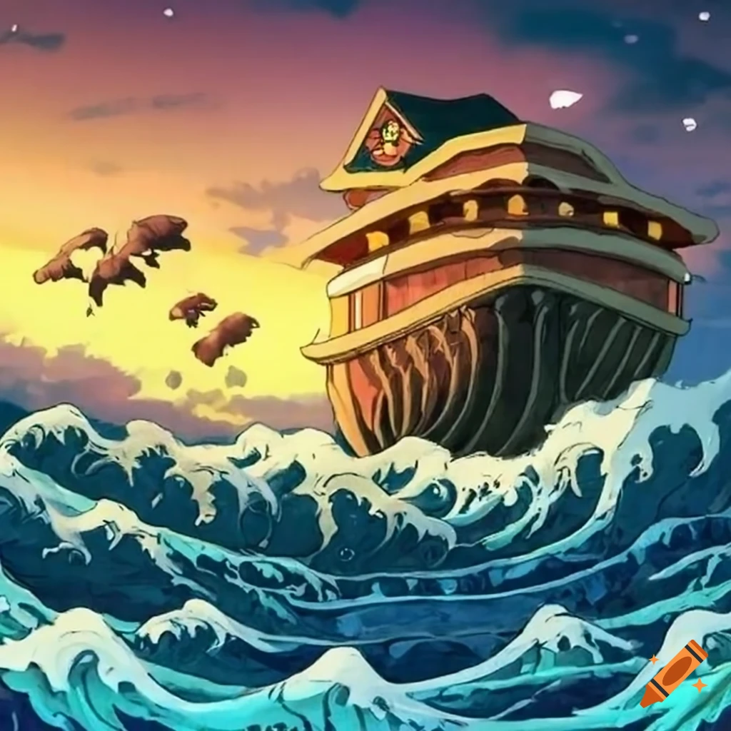 Noah's ark in Japanese style waves