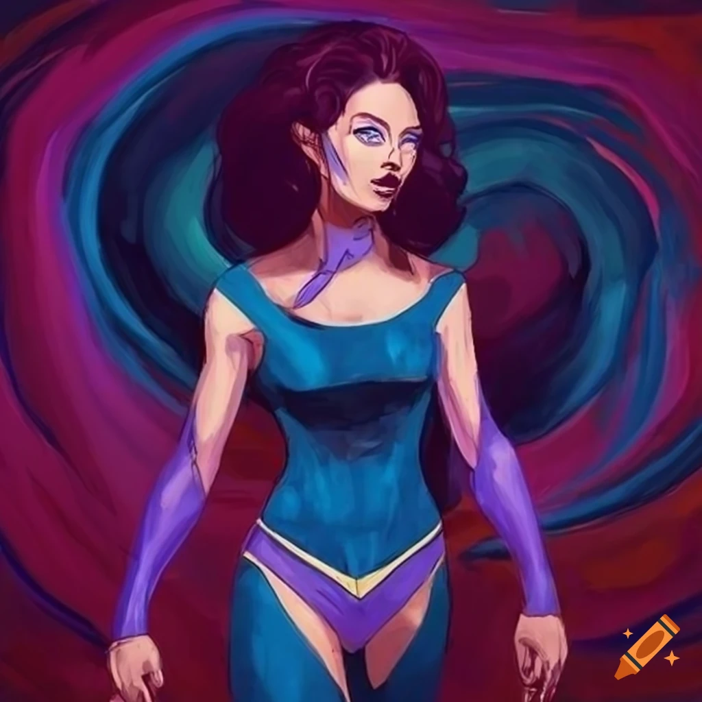 Original concept art of a superheroine in swirling blue and purple liquids