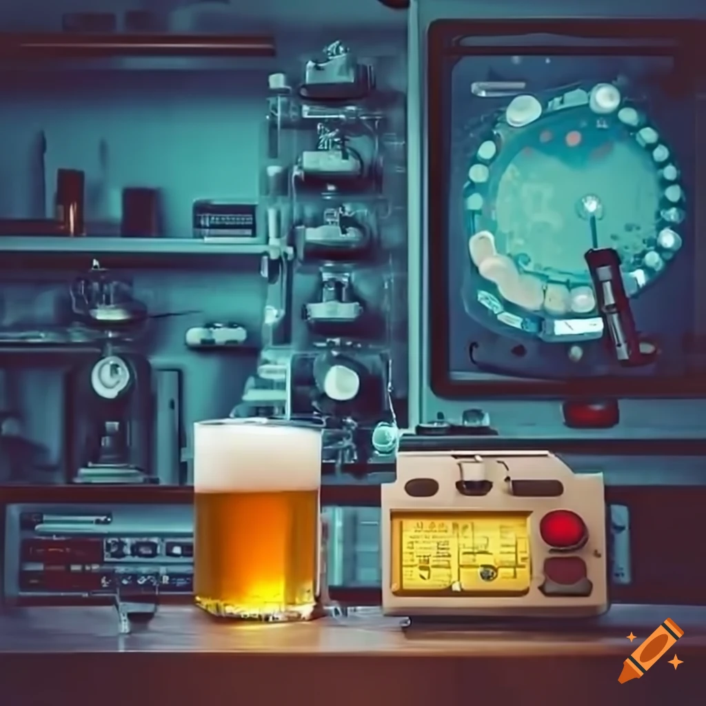 Engineer's laboratory with beer sample, microscope, and oscilloscope