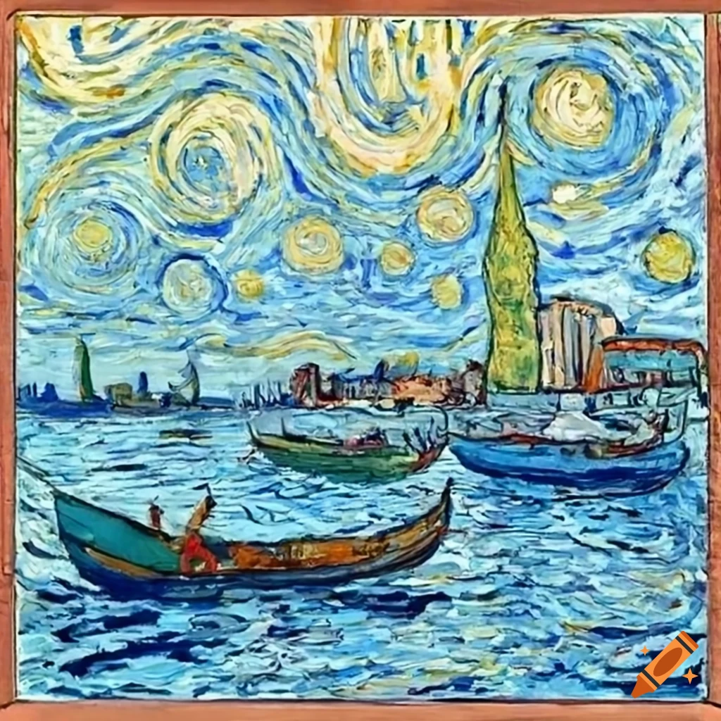 Blue bird flying over Venice River with colorful fishing boats in Van Gogh style