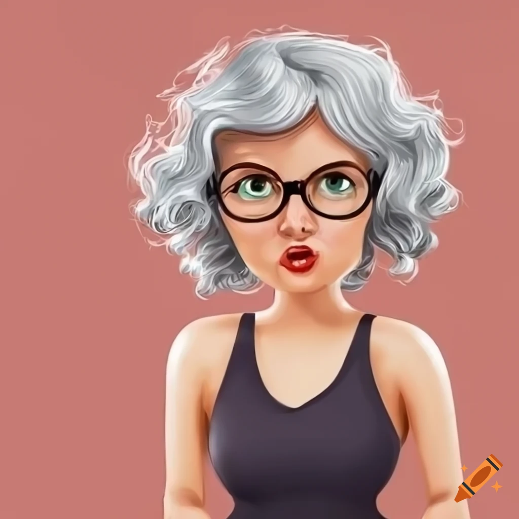 Cartoon woman with gray hair, glasses, tank top, and shorts doing accounting work