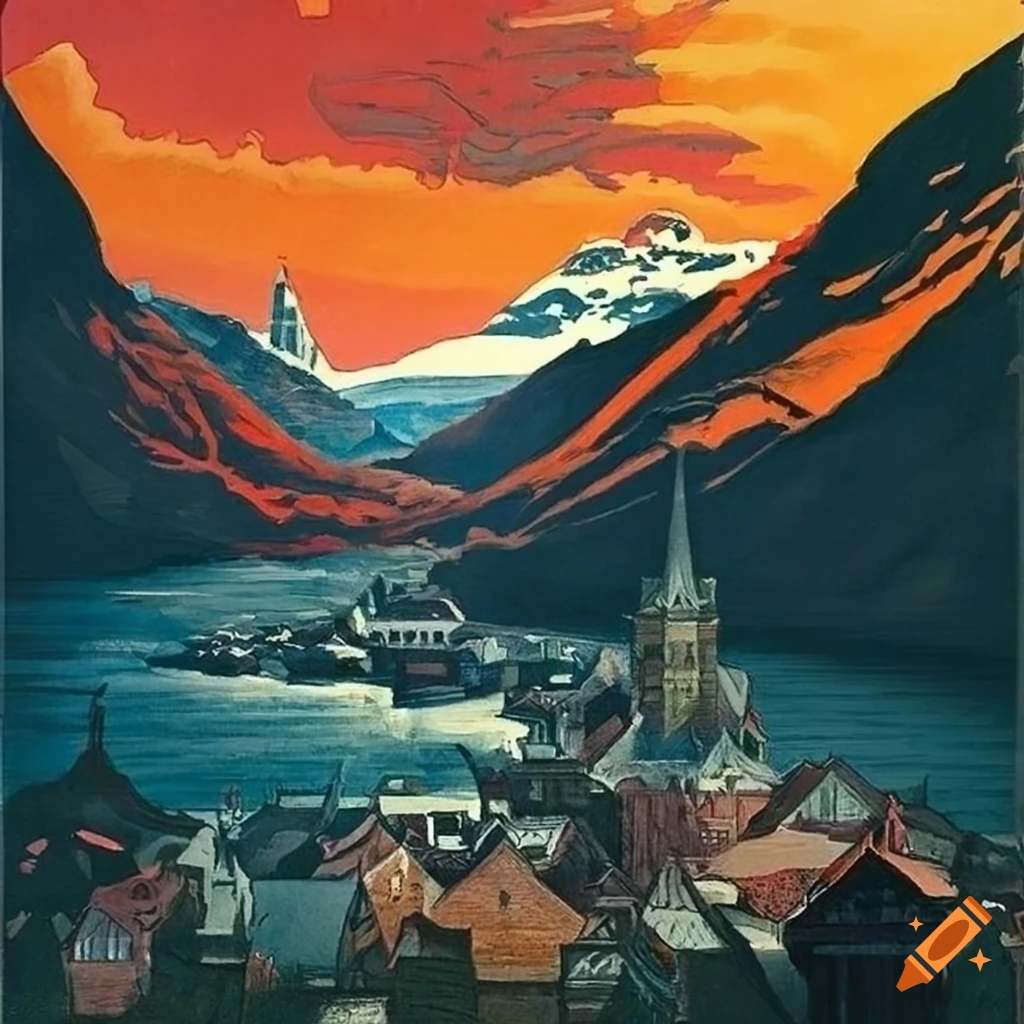 Norway travel poster homage to Zatoichi with a blend of art styles