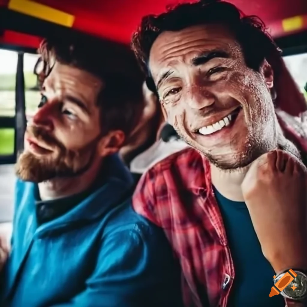 Hombres felices en un autobus