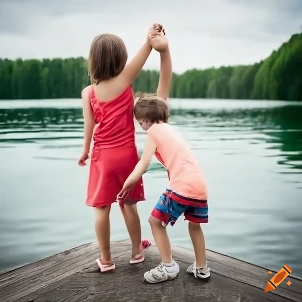 Kids playing near a stunning lake on a summer day