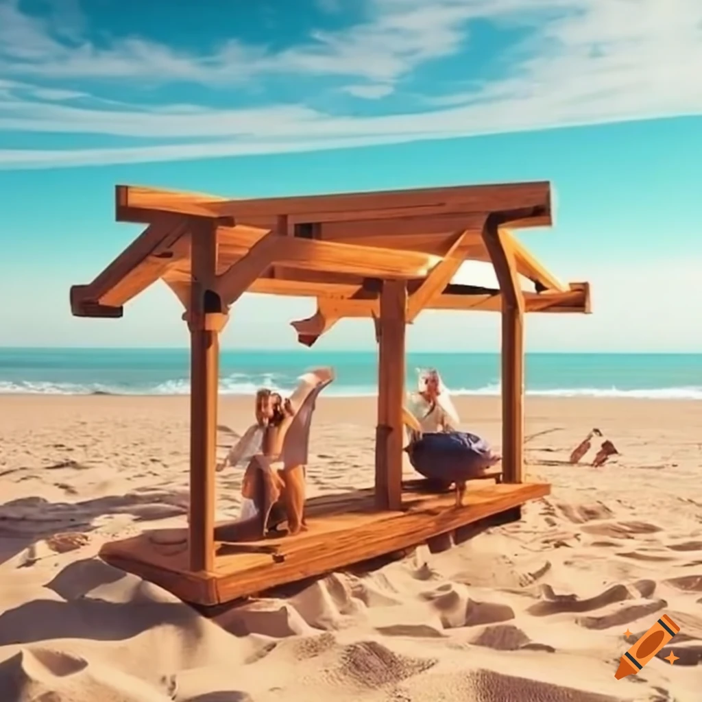 Beach party with wooden structure, saw, screwdriver
