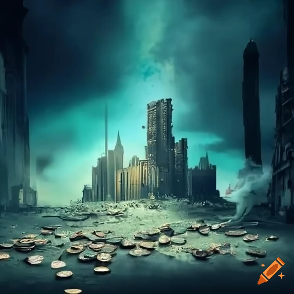 Dramatic scene of a war-torn cityscape with debris and smoke