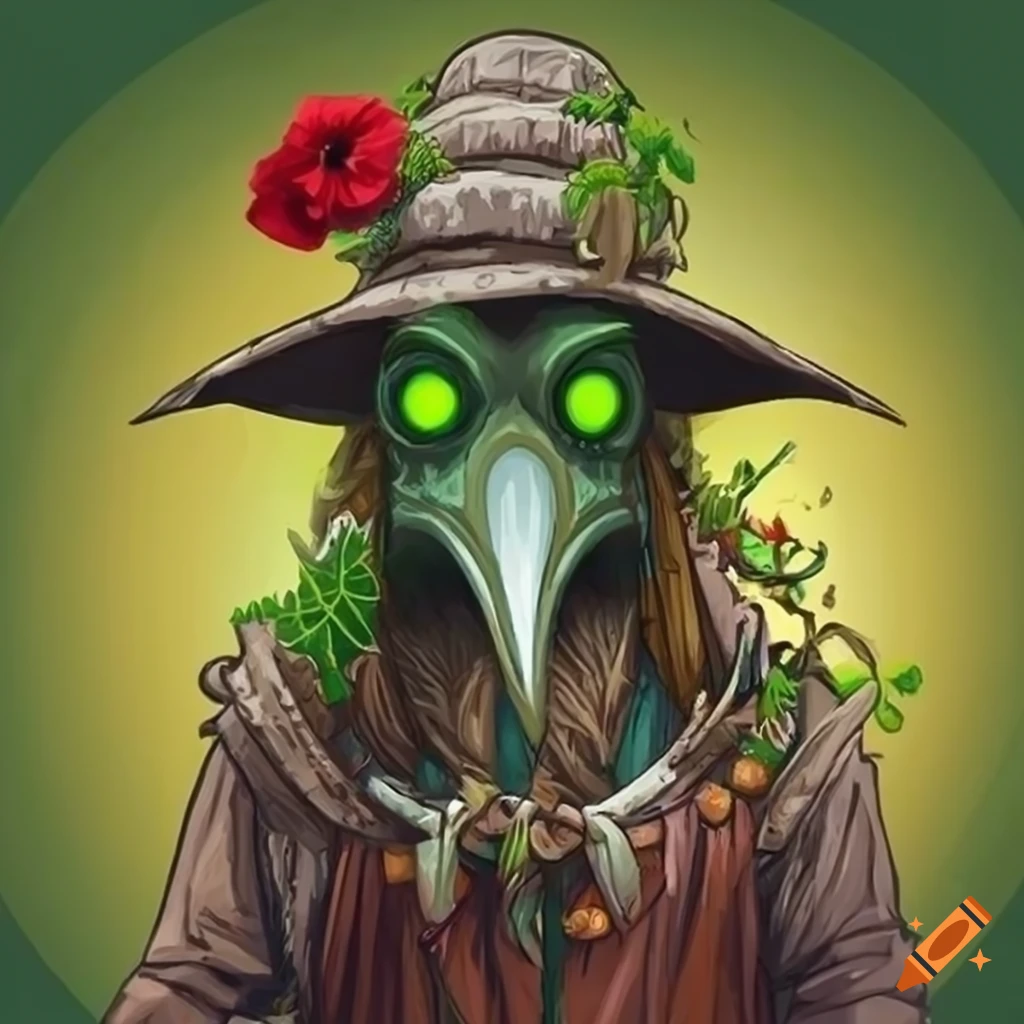 Plague doctor shaman with plants and poppy wearing a hat