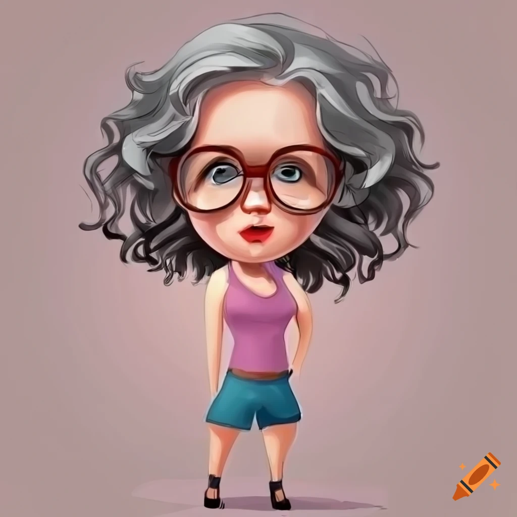 Cartoon woman with gray hair, glasses, tank top, and shorts doing accounting work